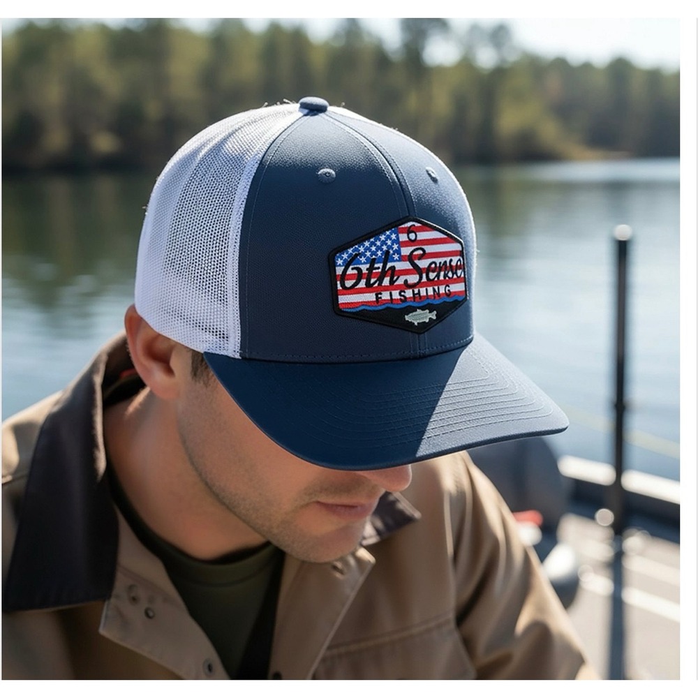 6th Sense Fishing The Staple American Dream Trucker Hat Navy White Snapback NEW - Picture 5 of 6
